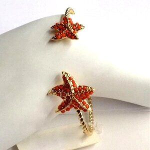 Coral Bead Starfish Cuff Cable Bracelet Nautical Beach Gold Plated Adjustable